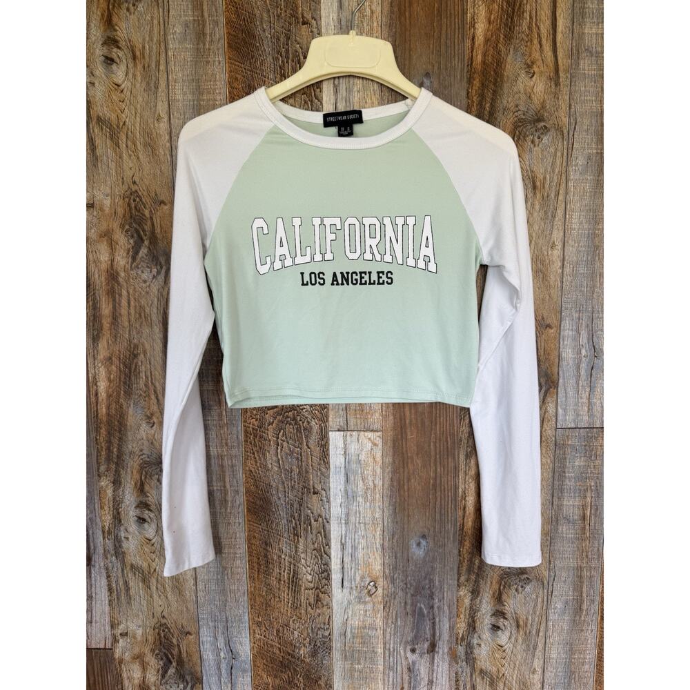 Streetwear Society California LA Women’s Crop Top Medium Green White Long Sleeve